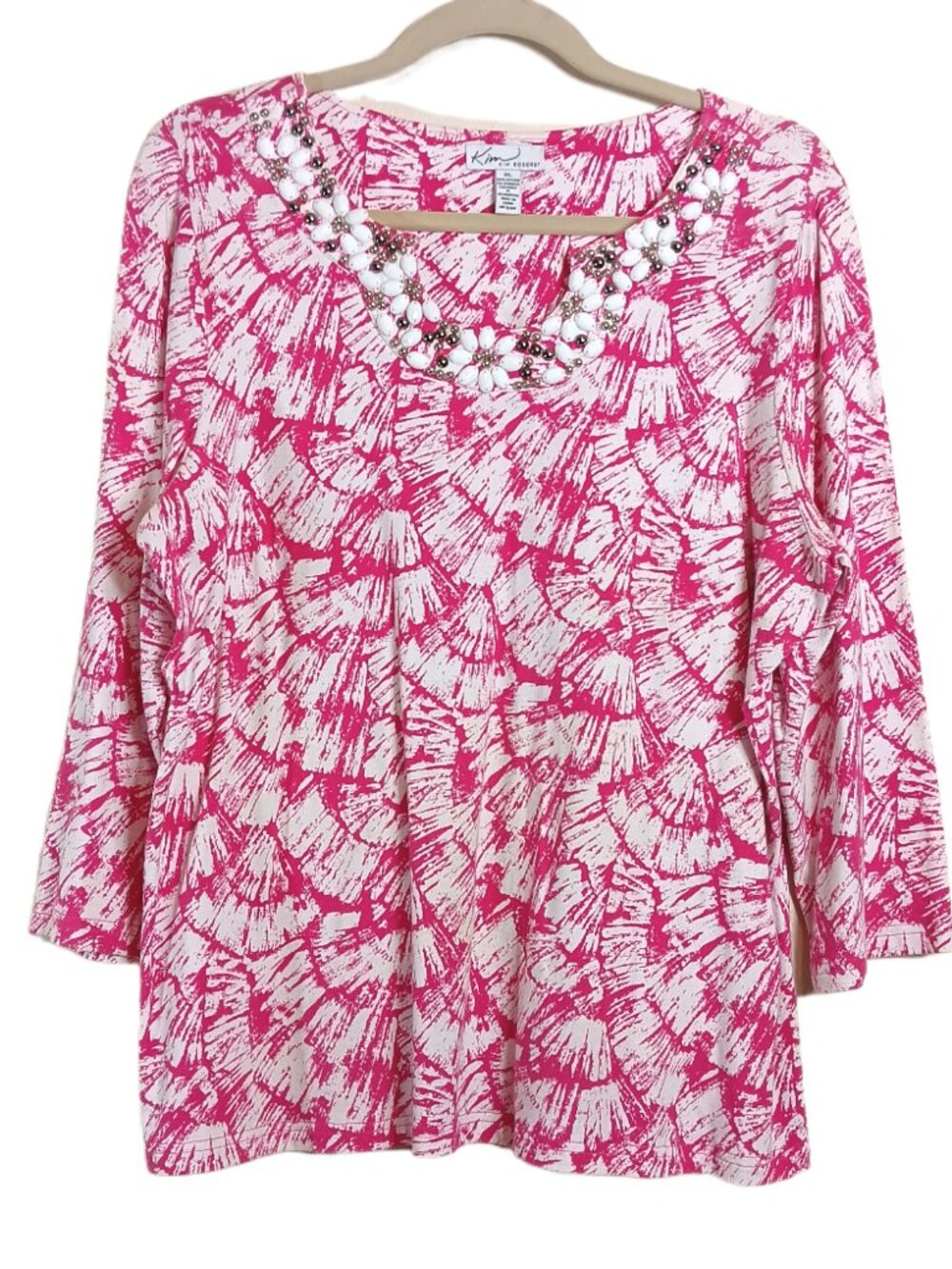Kim Rogers Floral Beaded Tunic Women’s XL Pink White Boho Tropical Pullover